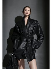 Women’s Short Leather Trench Coat – Tailored Waist Blazer Collar Lambskin Jacket for Fall