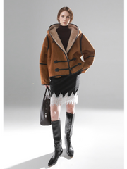 Reversible Women’s Suede & Shearling Coat – Luxury Hooded Duffle Toggle Jacket for Autumn/Winter