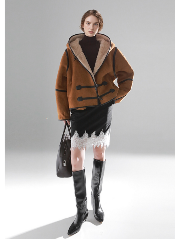 Reversible Women’s Suede & Shearling Coat – Luxury Hooded Duffle Toggle Jacket for Autumn/Winter