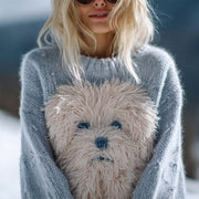 Lovely Fuzzy Dog Embroidered Soft Cozy Sweater