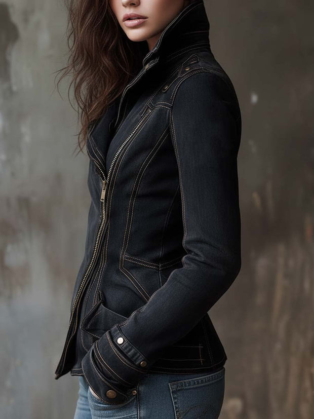 Vintage Washed Denim Moto Jacket – Charcoal Edge