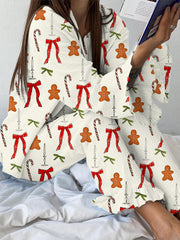 Women's Christmas Cane Candy and Bow Print Linen Cotton Suit