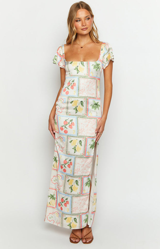 Nori White Satin Roma Print Maxi Dress