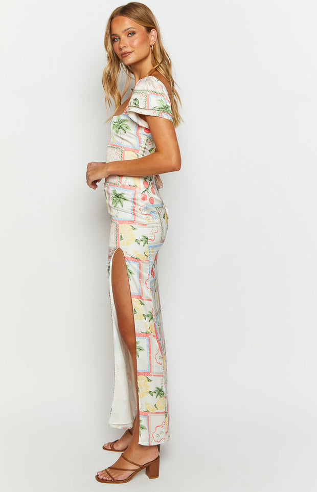 Nori White Satin Roma Print Maxi Dress