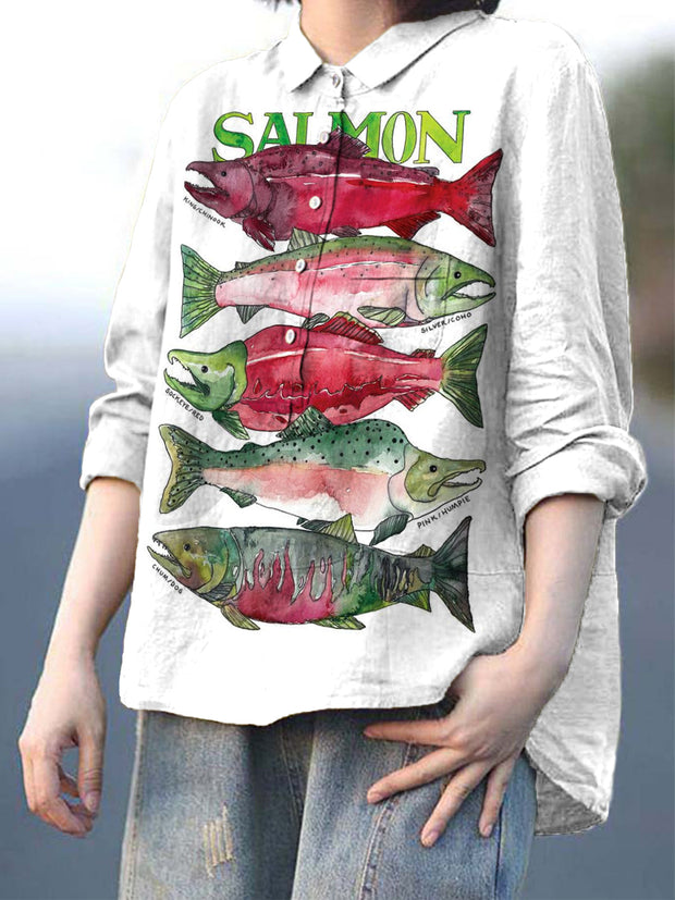 Women's Salmon Print Casual Cotton And Linen Shirt