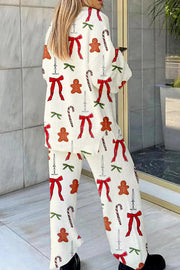 Women's Christmas Cane Candy and Bow Printed Casual Homewear Set