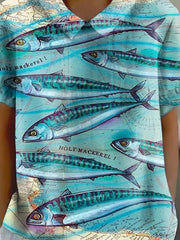 Women's Map Ocean Fish Print Casual Cotton And Linen Short Sleeves Shirt