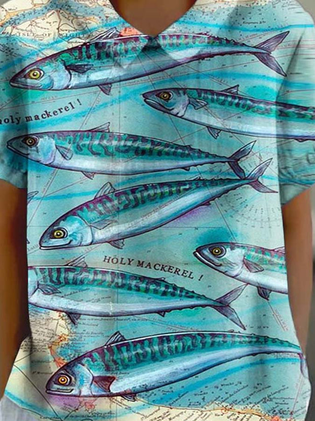 Women's Map Ocean Fish Print Casual Cotton And Linen Short Sleeves Shirt