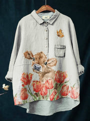 Women's Floral Cow Print Casual Cotton And Linen Shirt