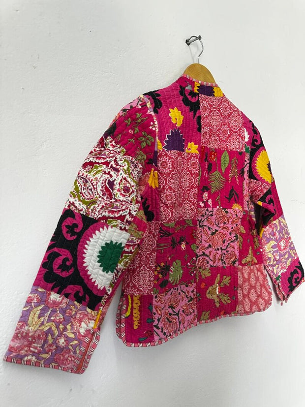 Green Patchwork Cotton Quilted Jacket Crop top Handmade Kimono