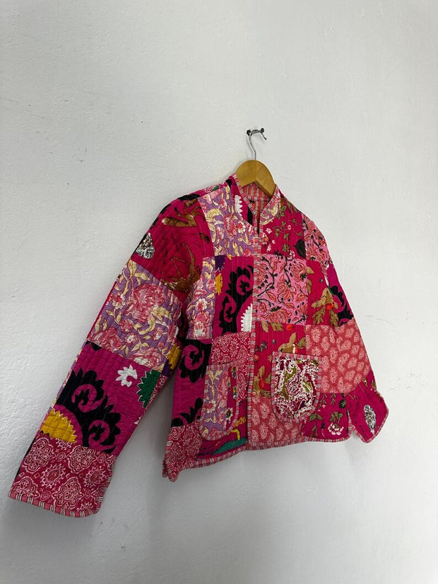 Green Patchwork Cotton Quilted Jacket Crop top Handmade Kimono