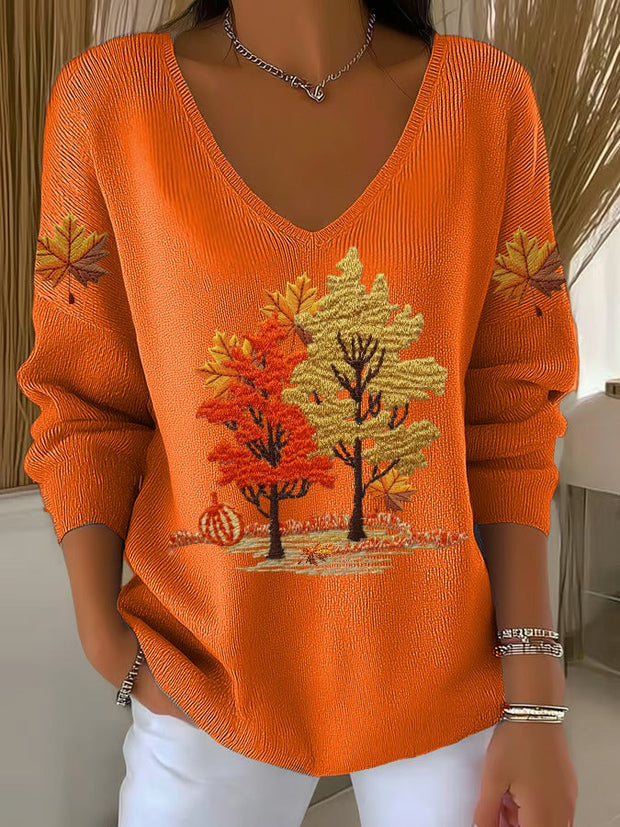 Women's Fall Maple Casual V Neck Pullover Sweater