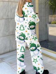 Women's Green Christmas Snowman Print Home V Neck Long Sleeve Suit