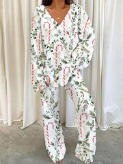 Women's Christmas Candy Cane Plant Floral Print Long Sleeve V-Neck Suit