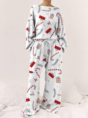 Women's Christmas Candy Cane Gift Box Pattern Long Sleeve Long Pants Round Neck Suit