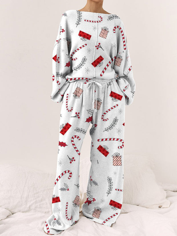 Women's Christmas Candy Cane Gift Box Pattern Long Sleeve Long Pants Round Neck Suit