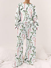 Women's Christmas Candy Cane Plant Floral Print Long Sleeve Loose Homewear Set