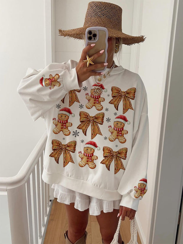 Women's Christmas Gingerbread Man Bow Pattern Round Neck Long Sleeve Sweatshirt