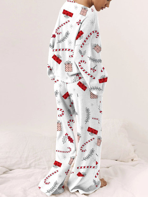 Women's Christmas Candy Cane Gift Box Pattern Long Sleeve Long Pants Round Neck Suit