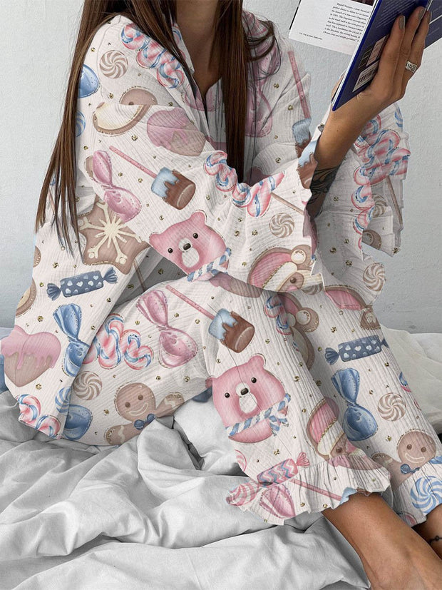 Women's Pink Christmas Gingerbread Print Linen Cotton Suit