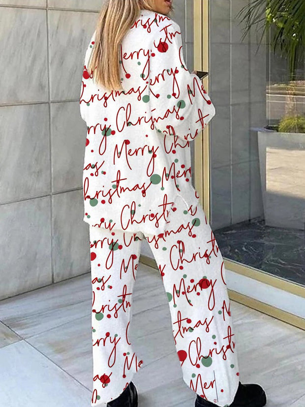 Women's Christmas Art Painting Printed Home Long Sleeve Suit