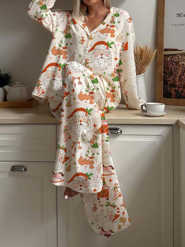 Women's Christmas Santa Claus Pattern Long Sleeve Pants Suit