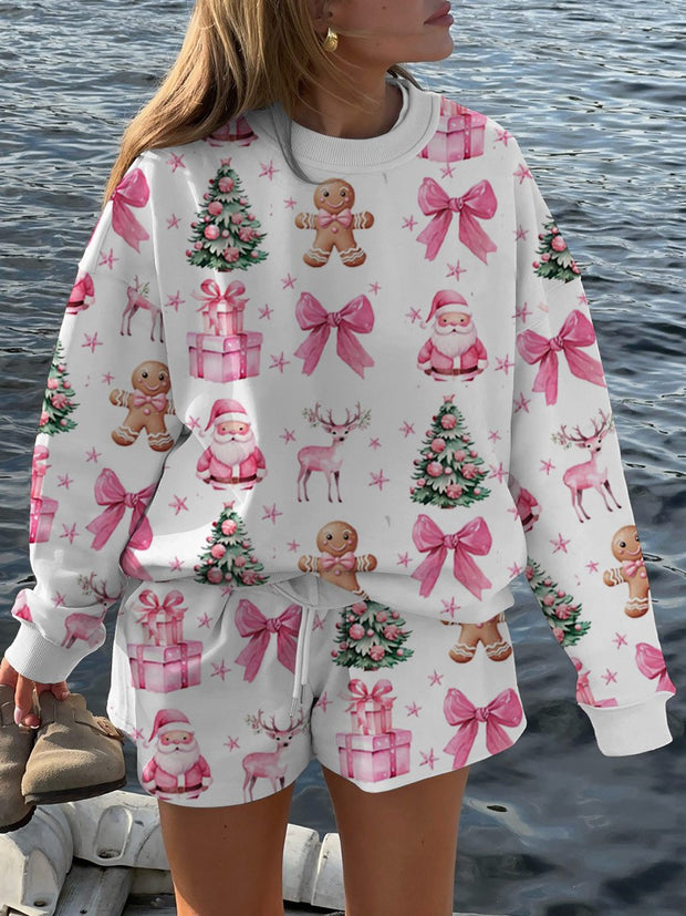 Women's Pink Christmas Print Long Sleeve Lounge Set