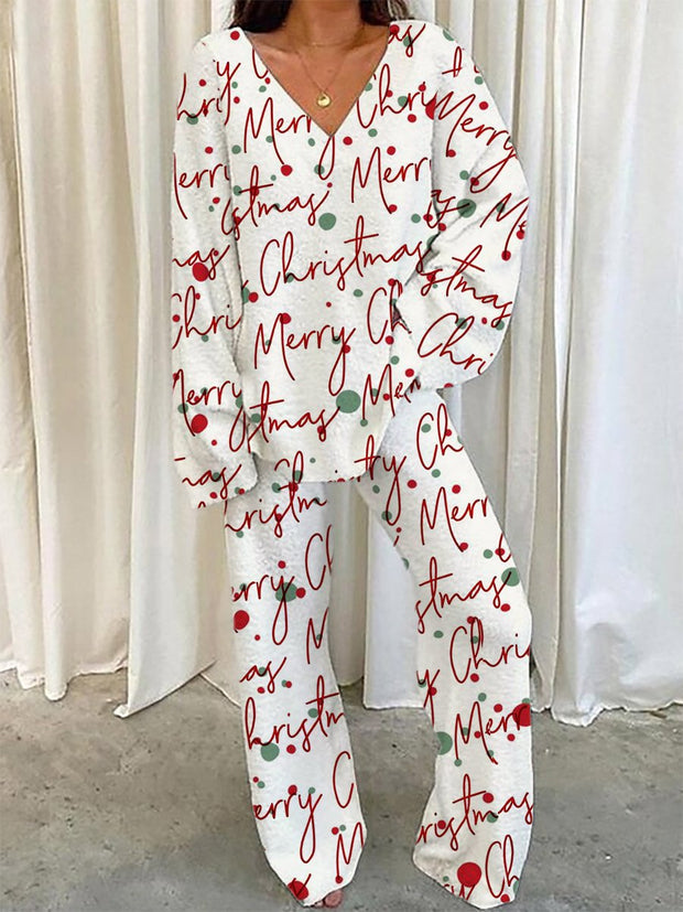 Women's Christmas Art Painting Printed Home Long Sleeve Suit