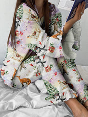 Women's Colorful Christmas Snowman Raccoon Printed Home Long Sleeve Suit