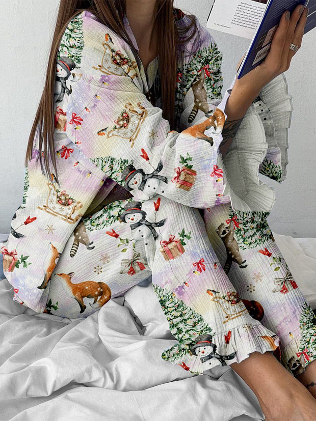 Women's Colorful Christmas Snowman Raccoon Printed Home Long Sleeve Suit