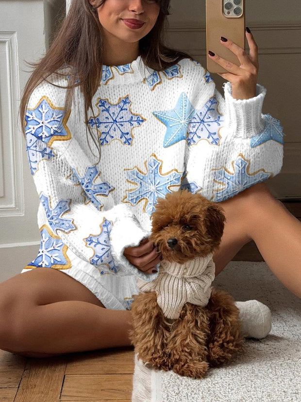 Women's Christmas Snowflakes Print Knit Pullover Sweater