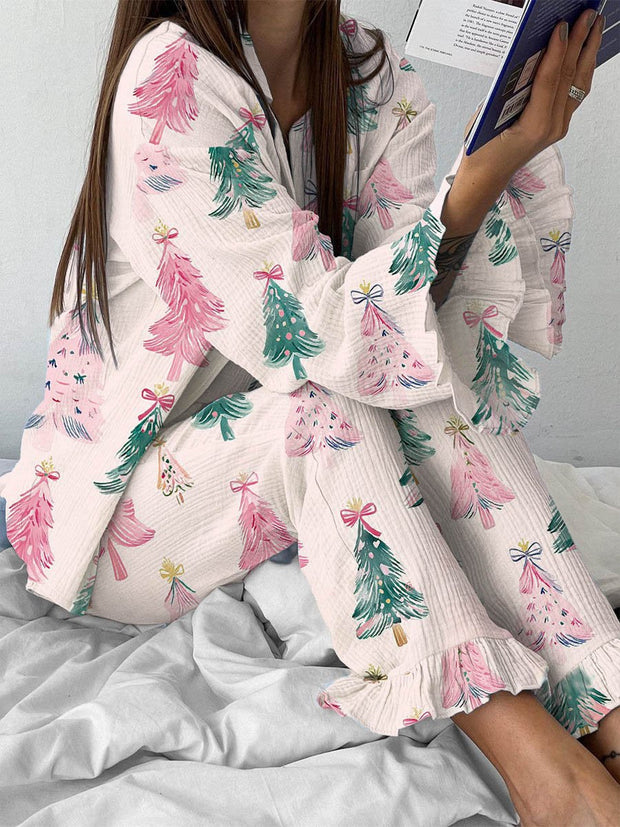 Women's Christmas Tree Bow Furry Pink Polar Fleece Pajama Set