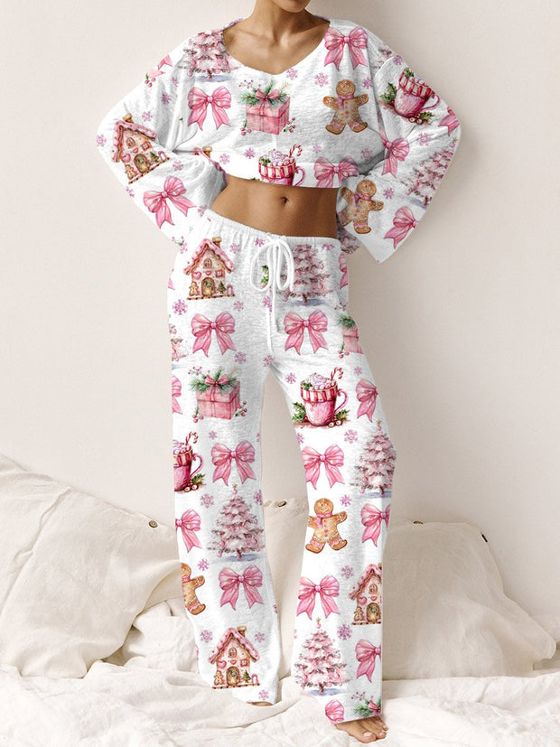 Women's Cotton Pink Christmas Printed Home Long Sleeve Suit