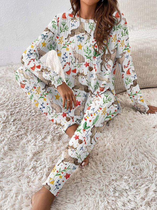 Women's Christmas Elk Graphic Knitted Crew Neck Long Sleeve Suit