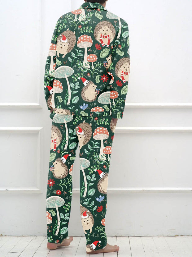 Men's Christmas Fun Hedgehog Mushroom Pattern Long Sleeve Pants Suit
