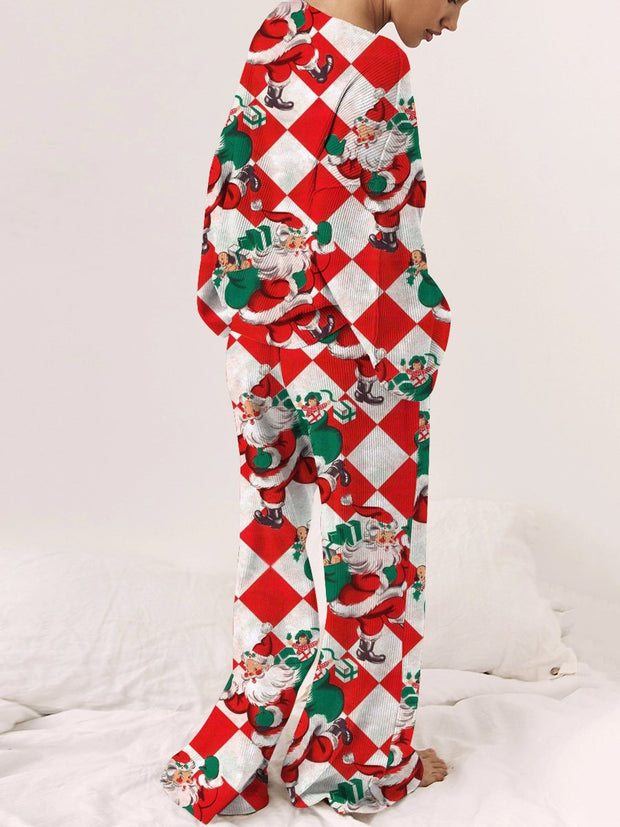 Women's Christmas Checkerboard Santa Claus Long Sleeve Pants Suit