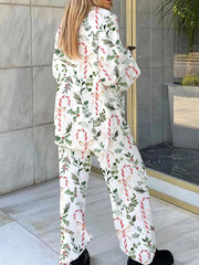 Women's Christmas Candy Cane Plant Floral Print Long Sleeve V-Neck Suit