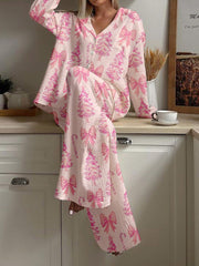 Women's Pink Christmas Tree Bow Print Loose Homewear Set