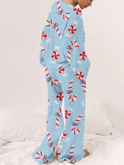 Women's Blue Christmas Candy Print Round Neck Linen Cotton Suit
