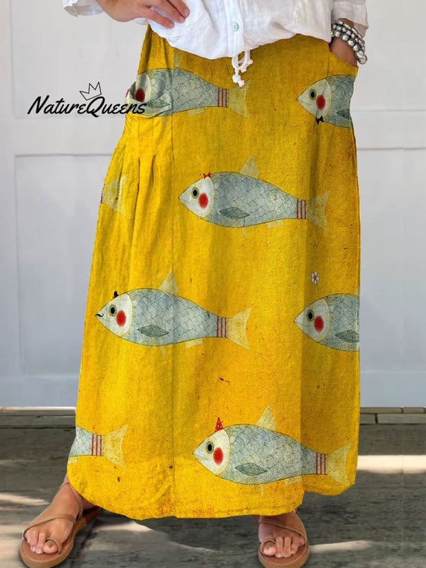 Women's Vintage Fish Art Print Linen Pocket Skirt