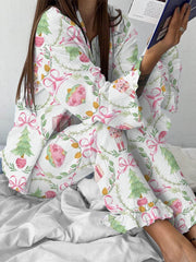 Women's Christmas Pink Bow Nutcracker Print Linen Cotton Suit