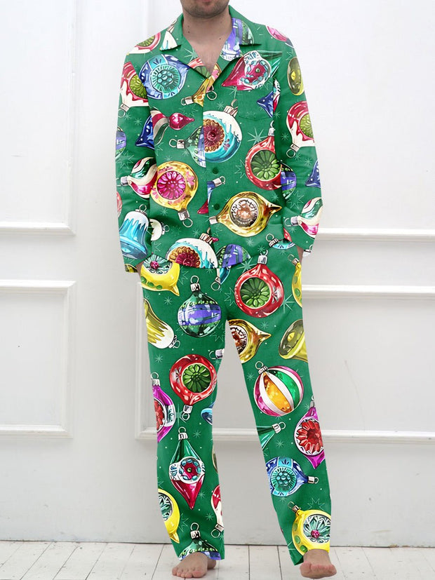 Men's Green Christmas Lights Printed Long Sleeve Homewear Set
