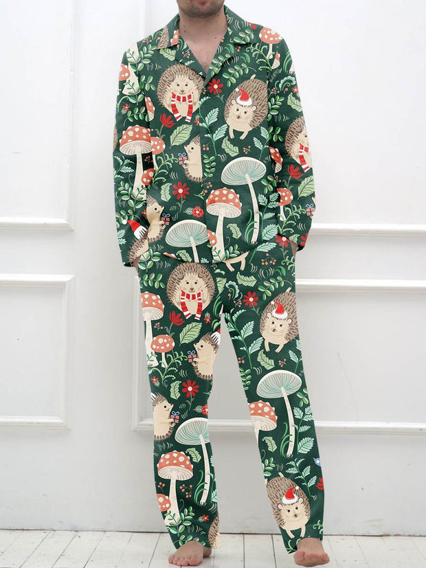 Men's Christmas Fun Hedgehog Mushroom Pattern Long Sleeve Pants Suit