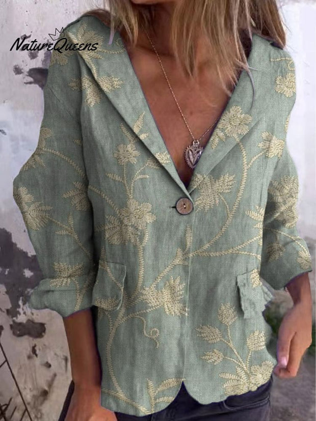 Women's Vintage Floral Art Print Casual Cotton Linen Jacket Blazer