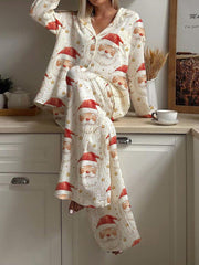 Women's Christmas Santa Claus Pattern Long Sleeve Pants Suit