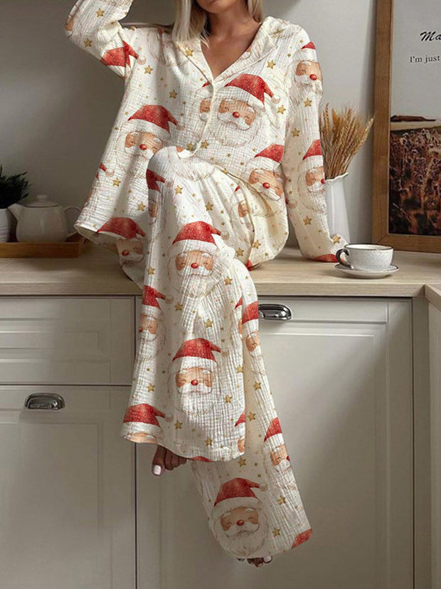 Women's Christmas Santa Claus Pattern Long Sleeve Pants Suit