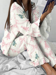 Ladies Pink Bow Christmas Tree Cute Elegant Pajama Set