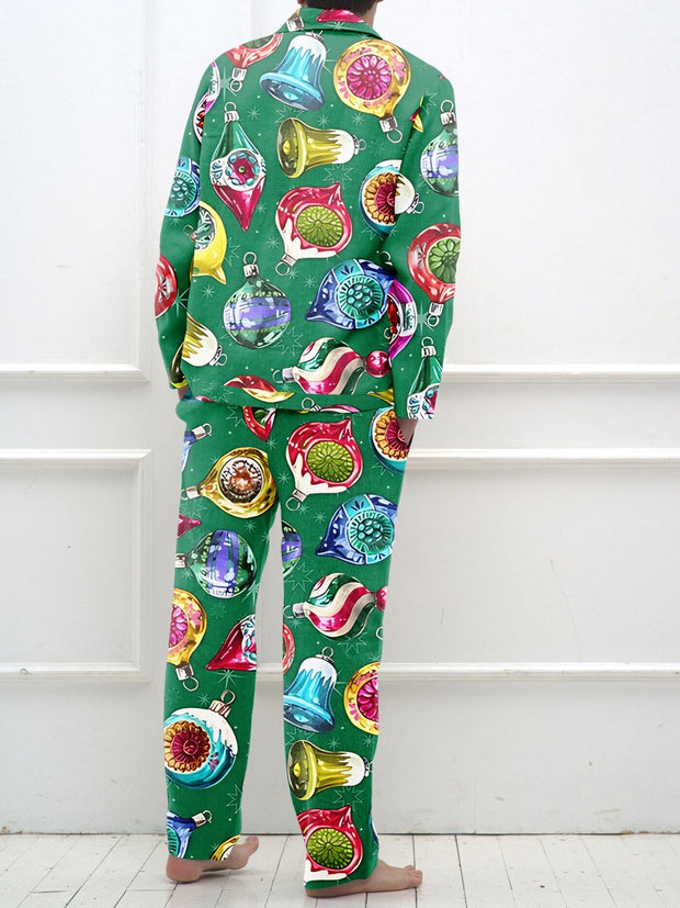 Men's Green Christmas Lights Printed Long Sleeve Homewear Set