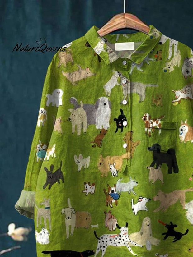 Women's Cute Dog Art Print Casual Cotton And Linen Shirt