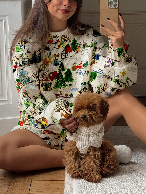 Women's Christmas Village Print Knit Sweater